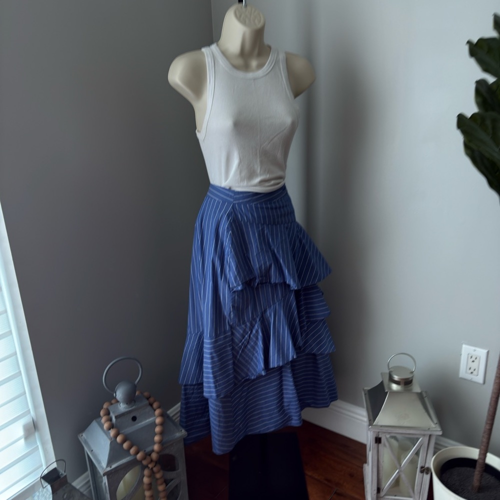 English Factory Blue and White Tiered Midi Skirt